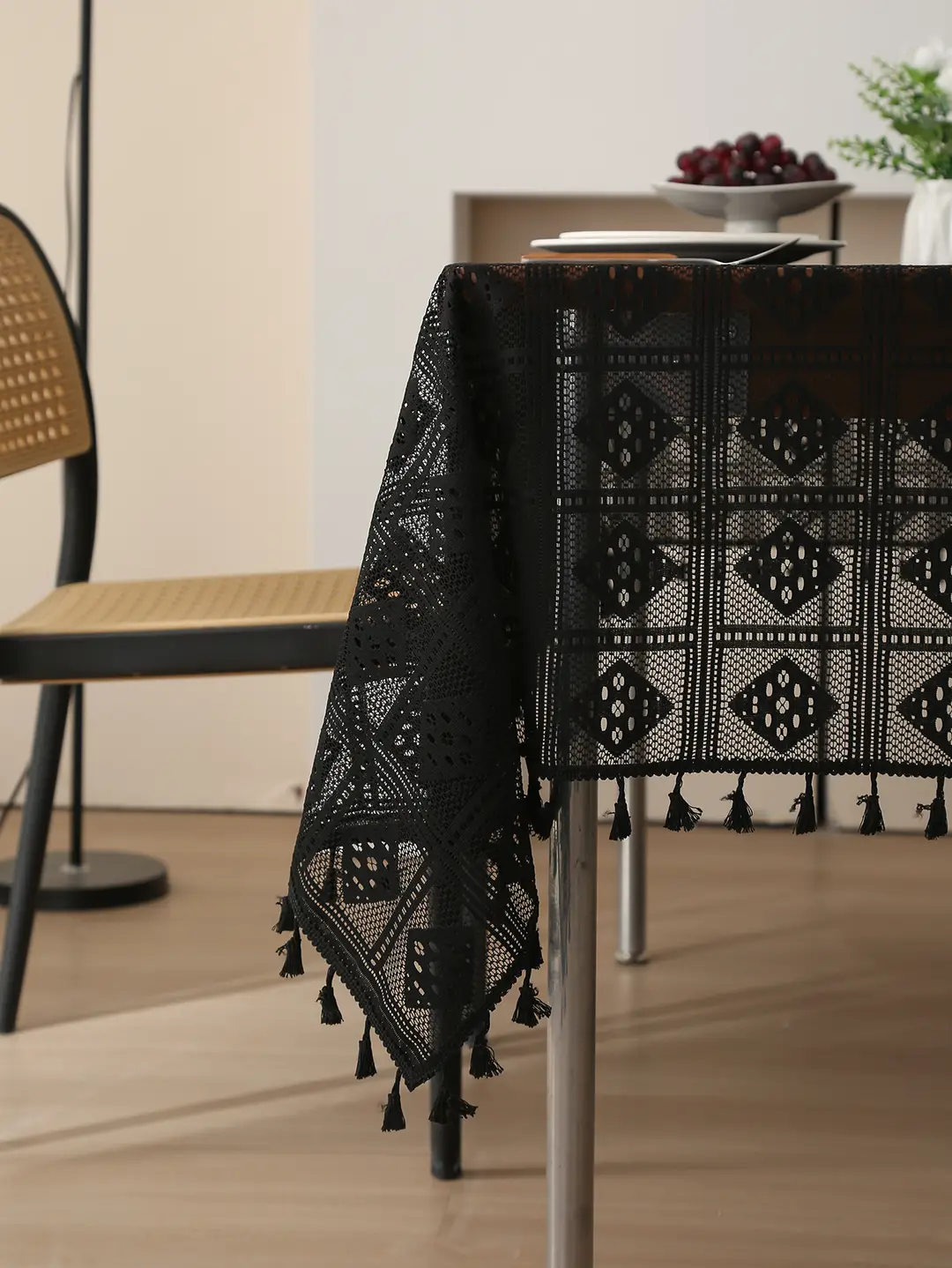 Retro Green Hollow-Out Tassel Tablecloth, Pastoral Style Lace Checkered Tablecloth, Rectangular Coffee Table Cover — feature 14