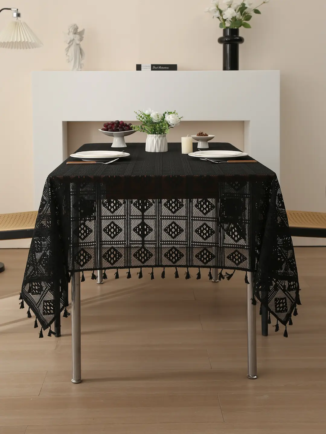 Retro Green Hollow-Out Tassel Tablecloth, Pastoral Style Lace Checkered Tablecloth, Rectangular Coffee Table Cover — feature 15