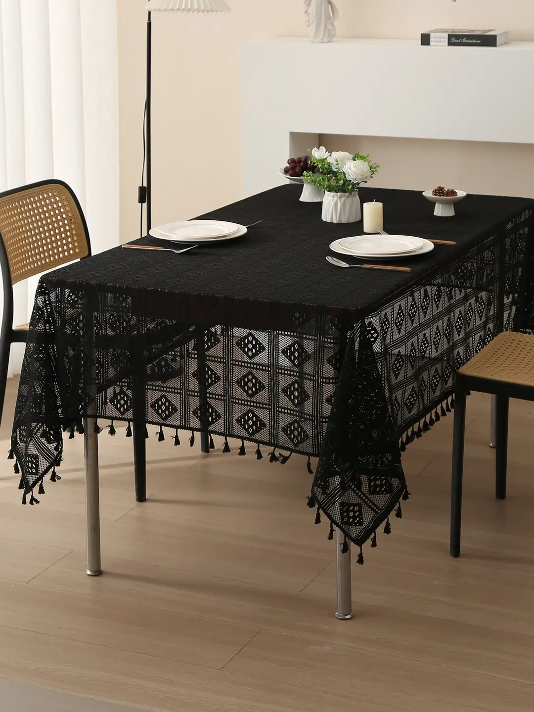 Retro Green Hollow-Out Tassel Tablecloth, Pastoral Style Lace Checkered Tablecloth, Rectangular Coffee Table Cover — feature 16