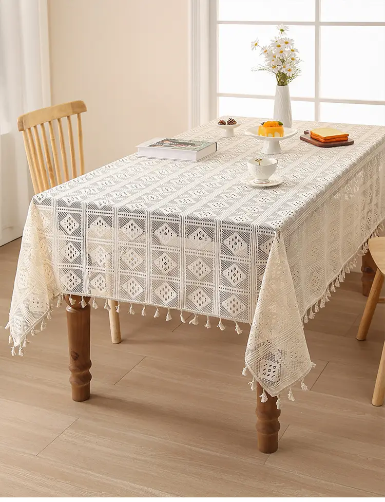 Retro Green Hollow-Out Tassel Tablecloth, Pastoral Style Lace Checkered Tablecloth, Rectangular Coffee Table Cover — feature 17