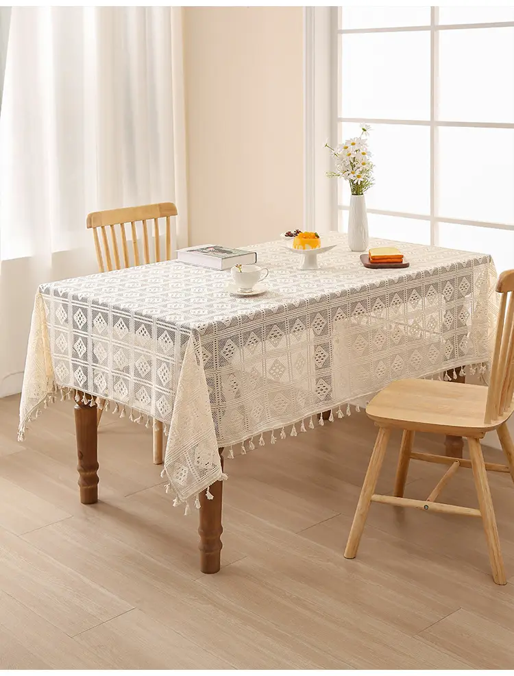 Retro Green Hollow-Out Tassel Tablecloth, Pastoral Style Lace Checkered Tablecloth, Rectangular Coffee Table Cover — feature 18