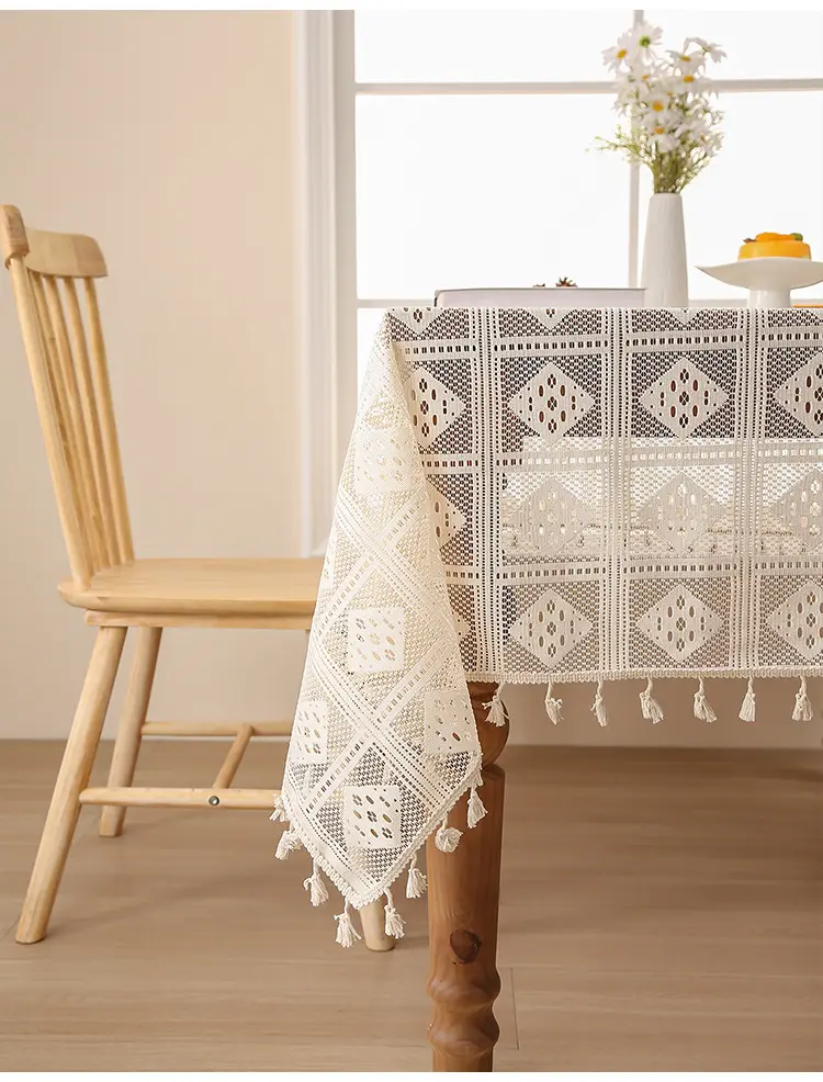 Retro Green Hollow-Out Tassel Tablecloth, Pastoral Style Lace Checkered Tablecloth, Rectangular Coffee Table Cover — feature 19