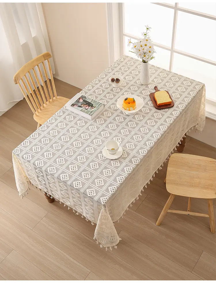 Retro Green Hollow-Out Tassel Tablecloth, Pastoral Style Lace Checkered Tablecloth, Rectangular Coffee Table Cover — feature 20