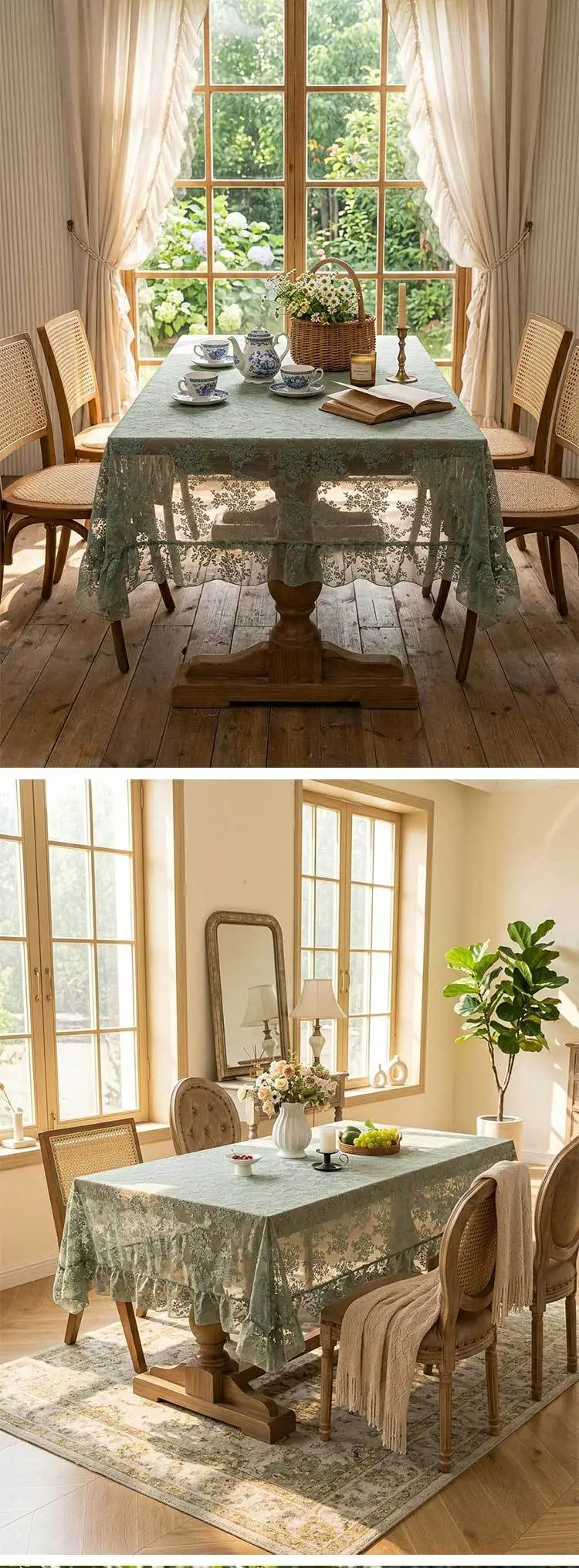 Retro Green Hollow-Out Tassel Tablecloth, Pastoral Style Lace Checkered Tablecloth, Rectangular Coffee Table Cover — feature 22