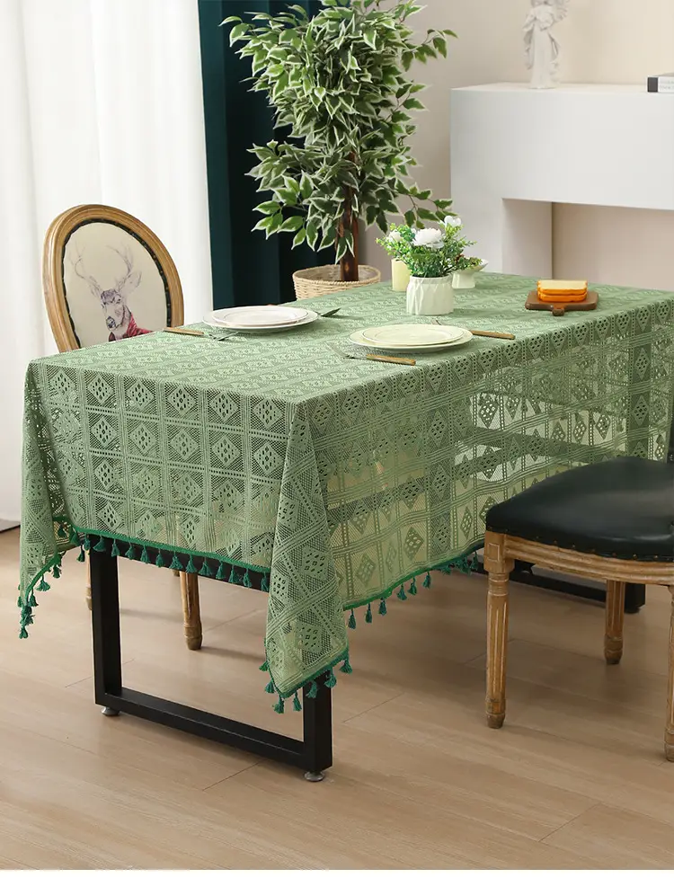 Retro Green Hollow-Out Tassel Tablecloth, Pastoral Style Lace Checkered Tablecloth, Rectangular Coffee Table Cover — feature 3