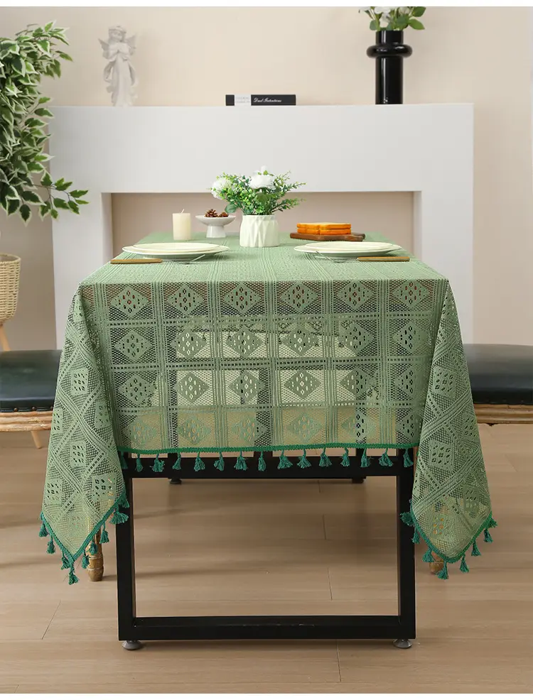 Retro Green Hollow-Out Tassel Tablecloth, Pastoral Style Lace Checkered Tablecloth, Rectangular Coffee Table Cover — feature 4