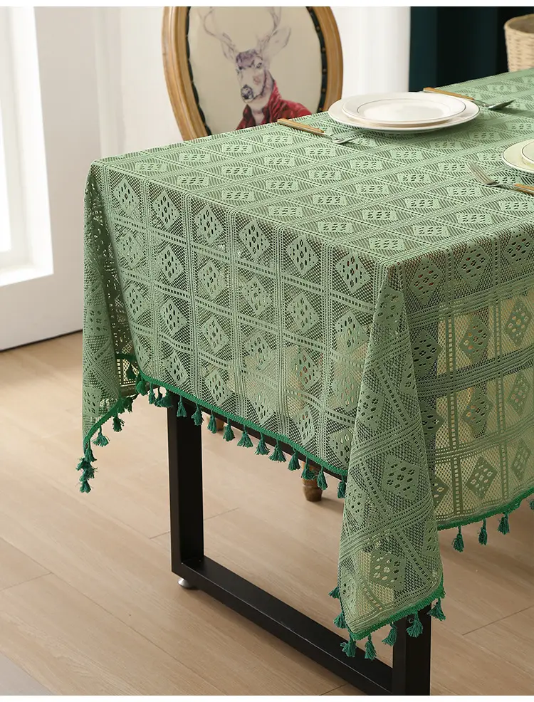 Retro Green Hollow-Out Tassel Tablecloth, Pastoral Style Lace Checkered Tablecloth, Rectangular Coffee Table Cover — feature 5