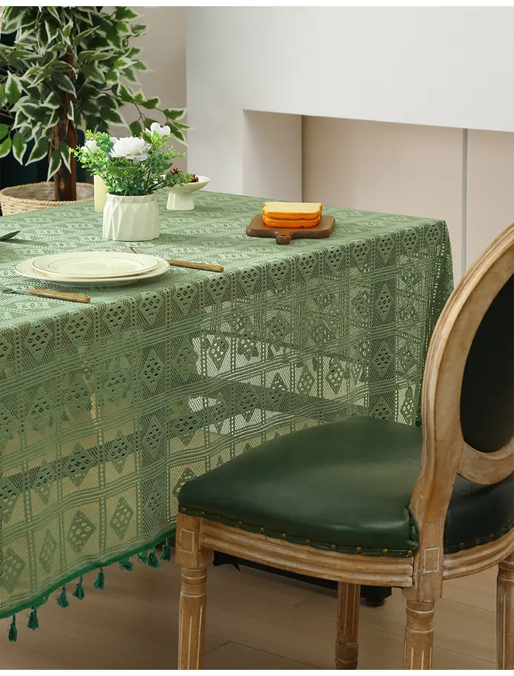 Retro Green Hollow-Out Tassel Tablecloth, Pastoral Style Lace Checkered Tablecloth, Rectangular Coffee Table Cover — feature 6