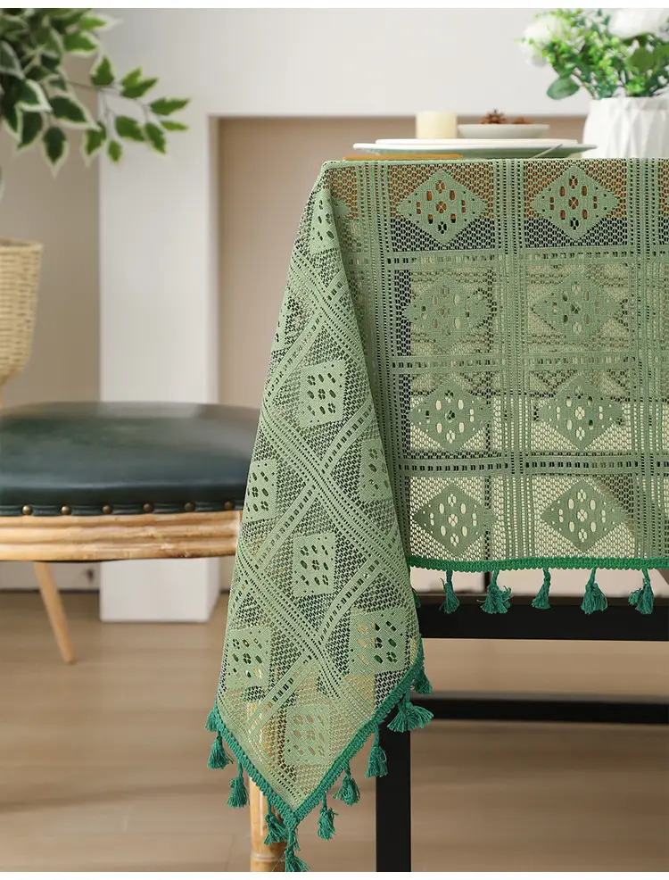 Retro Green Hollow-Out Tassel Tablecloth, Pastoral Style Lace Checkered Tablecloth, Rectangular Coffee Table Cover — feature 7