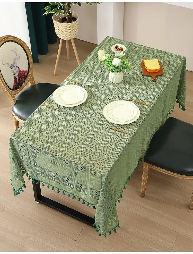Retro Green Hollow-Out Tassel Tablecloth, Pastoral Style Lace Checkered Tablecloth, Rectangular Coffee Table Cover — feature 8