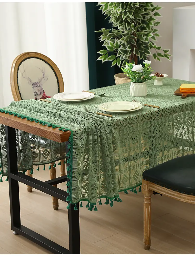 Retro Green Hollow-Out Tassel Tablecloth, Pastoral Style Lace Checkered Tablecloth, Rectangular Coffee Table Cover — feature 9