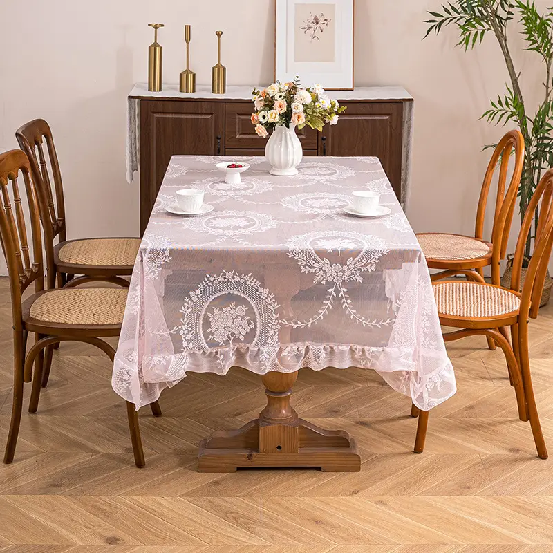 Retro Green Hollow-Out Tassel Tablecloth, Pastoral Style Lace Checkered Tablecloth, Rectangular Coffee Table Cover