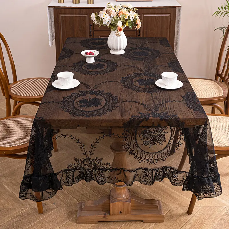 Retro Green Hollow-Out Tassel Tablecloth, Pastoral Style Lace Checkered Tablecloth, Rectangular Coffee Table Cover