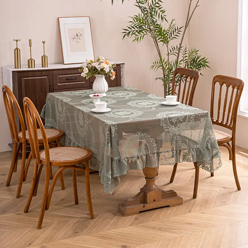Retro Green Hollow-Out Tassel Tablecloth, Pastoral Style Lace Checkered Tablecloth, Rectangular Coffee Table Cover