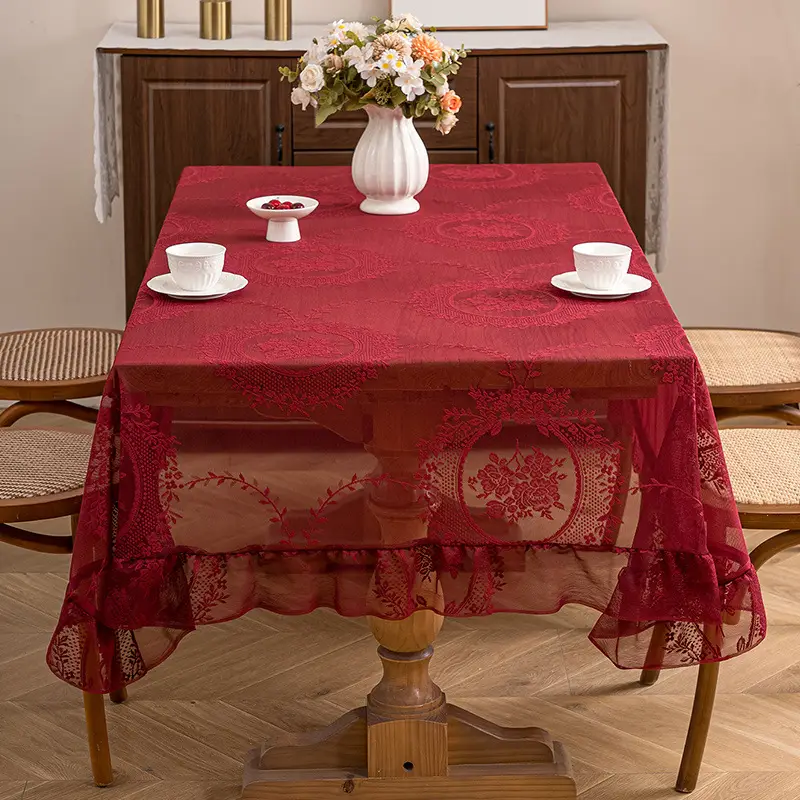 Retro Green Hollow-Out Tassel Tablecloth, Pastoral Style Lace Checkered Tablecloth, Rectangular Coffee Table Cover