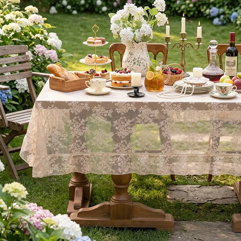 Retro Green Hollow-Out Tassel Tablecloth, Pastoral Style Lace Checkered Tablecloth, Rectangular Coffee Table Cover