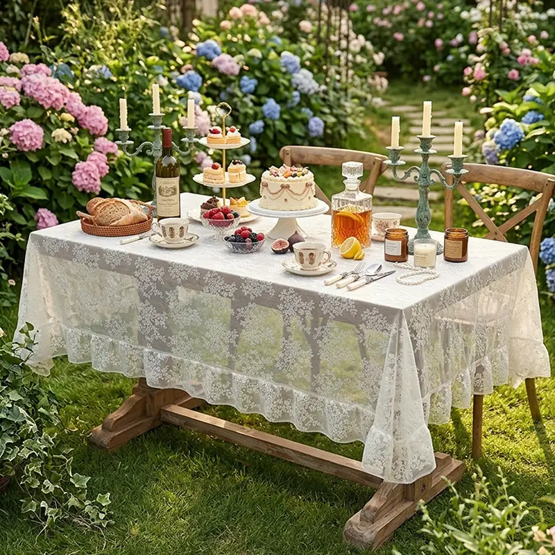 Retro Green Hollow-Out Tassel Tablecloth, Pastoral Style Lace Checkered Tablecloth, Rectangular Coffee Table Cover