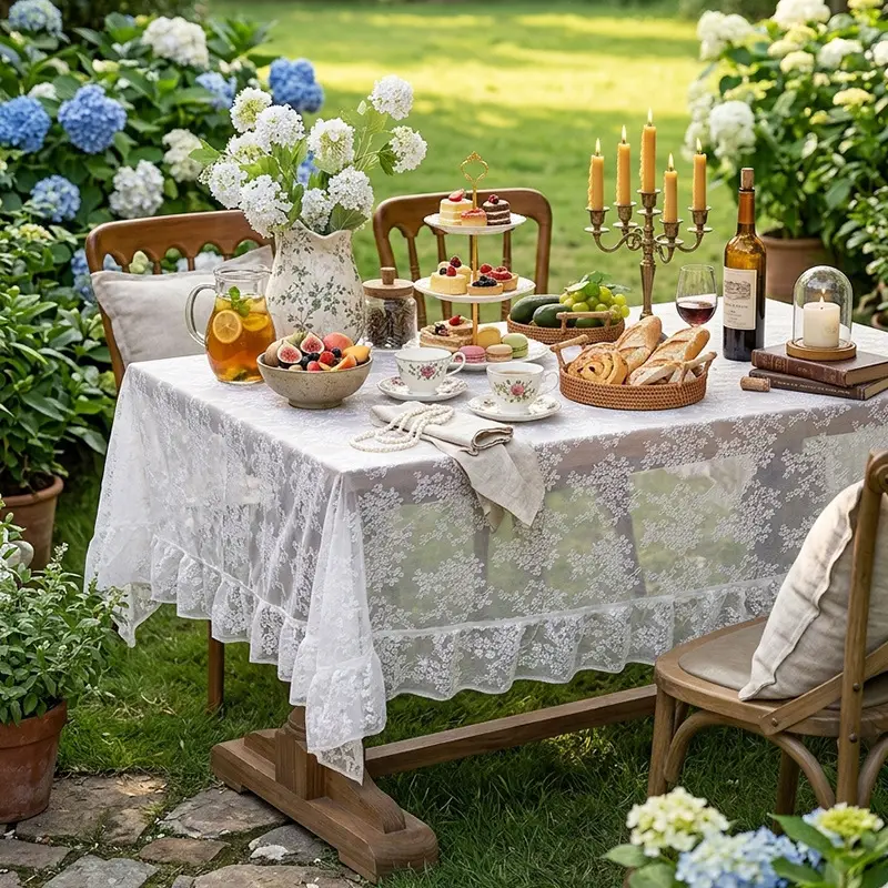 Retro Green Hollow-Out Tassel Tablecloth, Pastoral Style Lace Checkered Tablecloth, Rectangular Coffee Table Cover