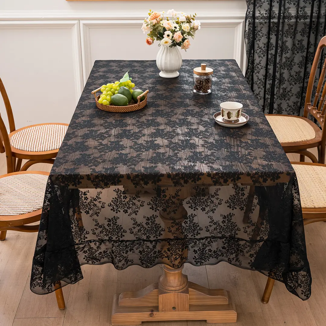 Retro Green Hollow-Out Tassel Tablecloth, Pastoral Style Lace Checkered Tablecloth, Rectangular Coffee Table Cover