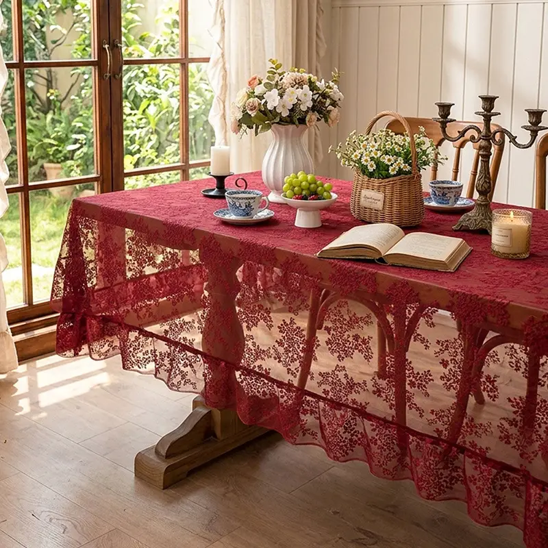 Retro Green Hollow-Out Tassel Tablecloth, Pastoral Style Lace Checkered Tablecloth, Rectangular Coffee Table Cover