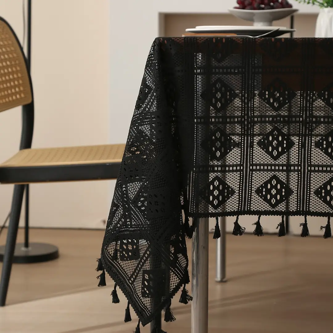 Retro Green Hollow-Out Tassel Tablecloth, Pastoral Style Lace Checkered Tablecloth, Rectangular Coffee Table Cover
