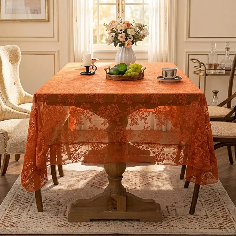 Retro Green Hollow-Out Tassel Tablecloth, Pastoral Style Lace Checkered Tablecloth, Rectangular Coffee Table Cover