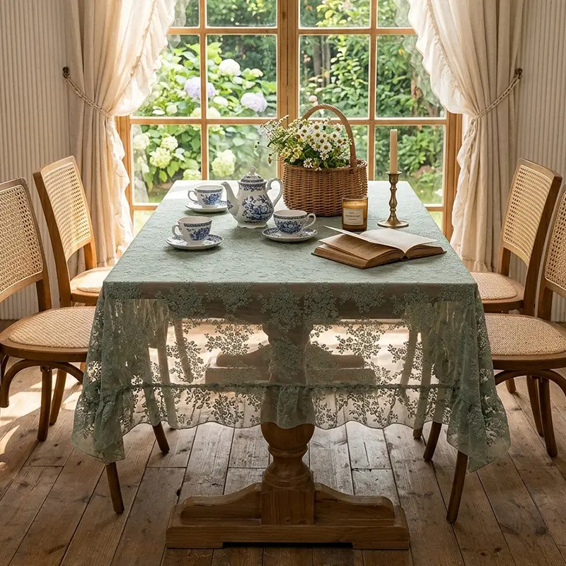 Retro Green Hollow-Out Tassel Tablecloth, Pastoral Style Lace Checkered Tablecloth, Rectangular Coffee Table Cover