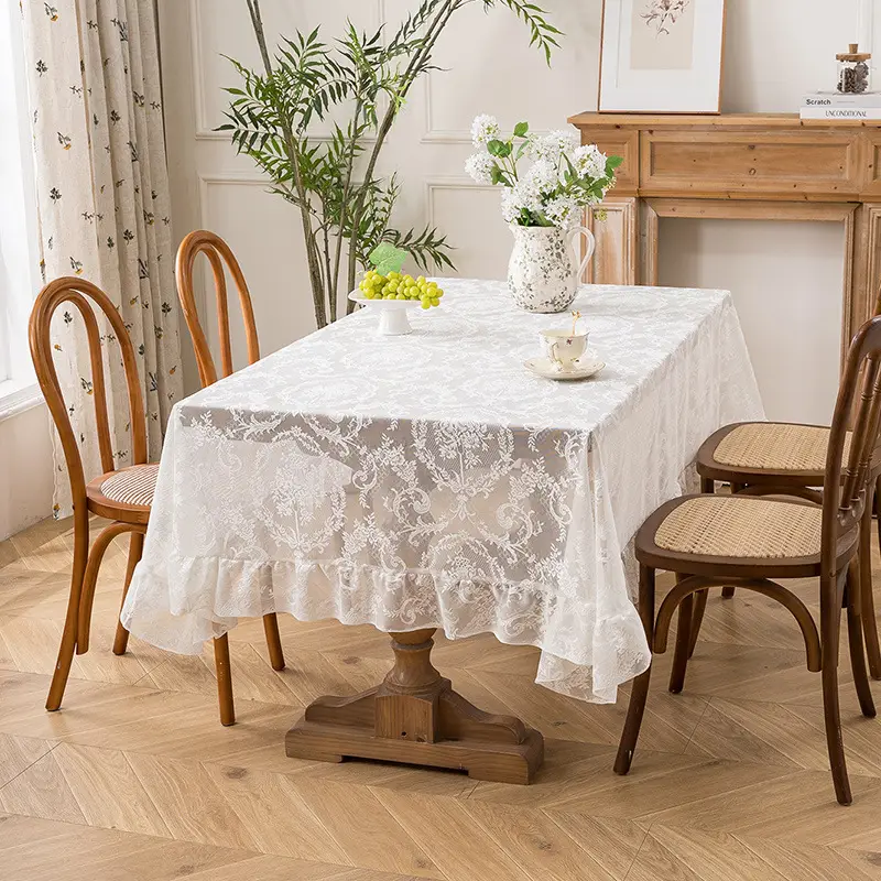 Retro Green Hollow-Out Tassel Tablecloth, Pastoral Style Lace Checkered Tablecloth, Rectangular Coffee Table Cover