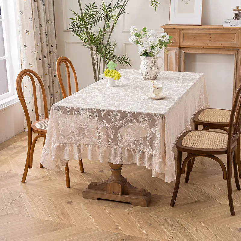 Retro Green Hollow-Out Tassel Tablecloth, Pastoral Style Lace Checkered Tablecloth, Rectangular Coffee Table Cover