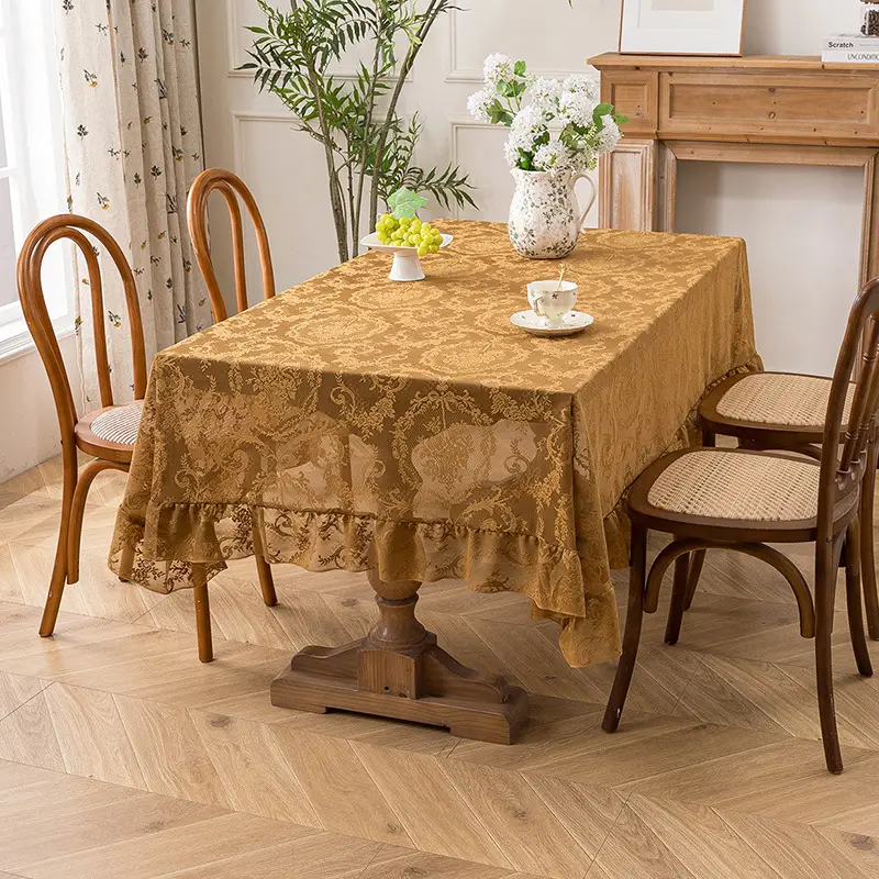 Retro Green Hollow-Out Tassel Tablecloth, Pastoral Style Lace Checkered Tablecloth, Rectangular Coffee Table Cover