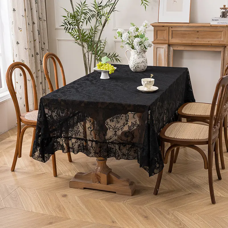 Retro Green Hollow-Out Tassel Tablecloth, Pastoral Style Lace Checkered Tablecloth, Rectangular Coffee Table Cover