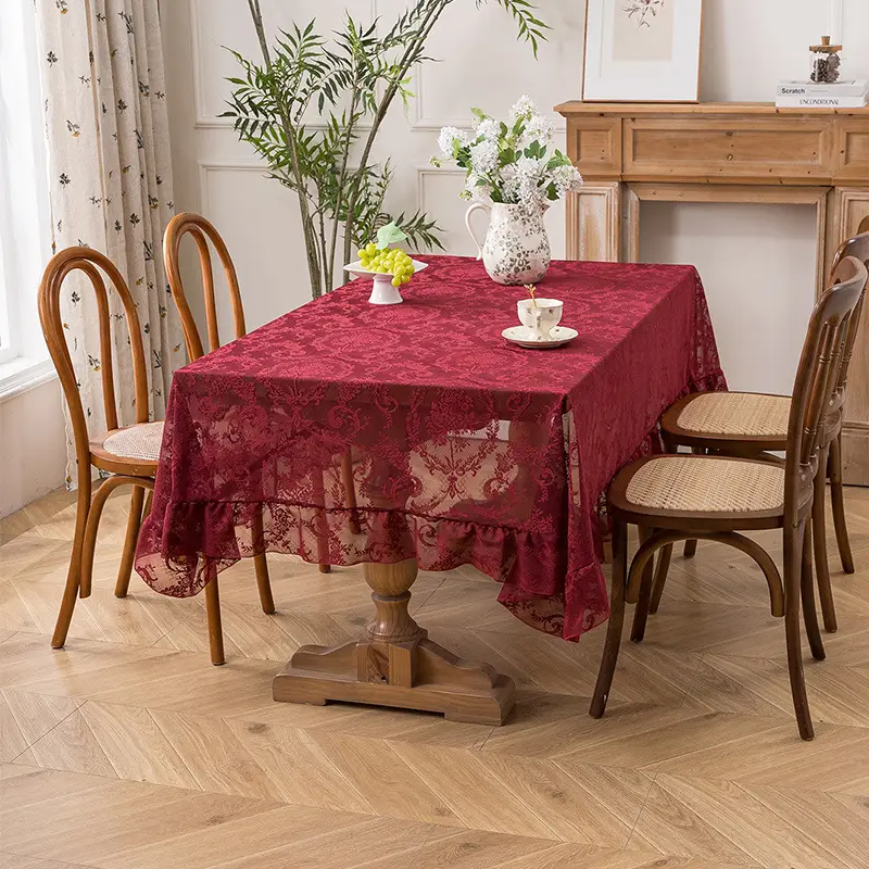 Retro Green Hollow-Out Tassel Tablecloth, Pastoral Style Lace Checkered Tablecloth, Rectangular Coffee Table Cover