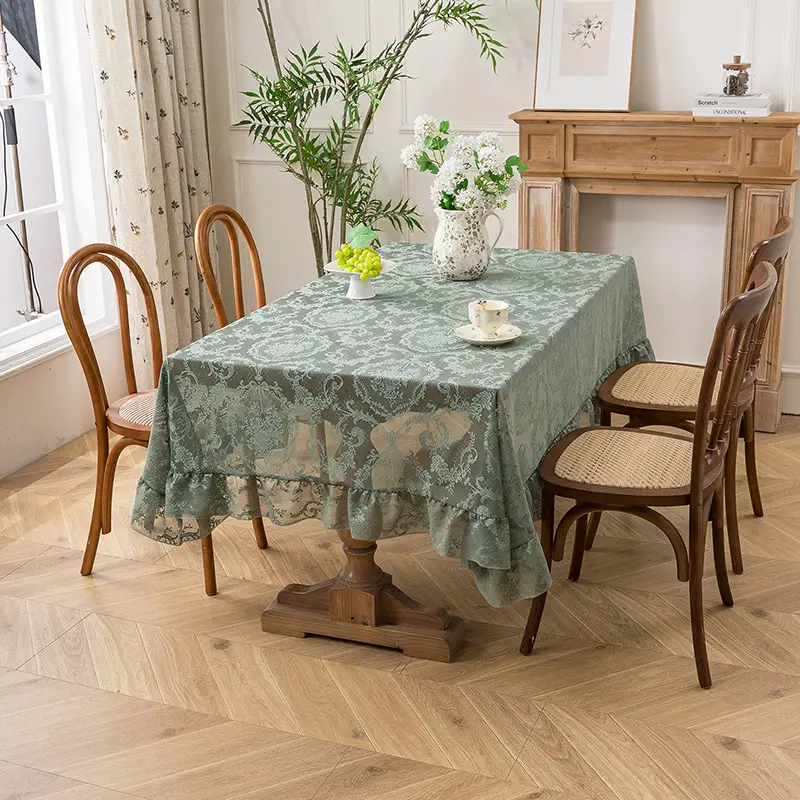 Retro Green Hollow-Out Tassel Tablecloth, Pastoral Style Lace Checkered Tablecloth, Rectangular Coffee Table Cover