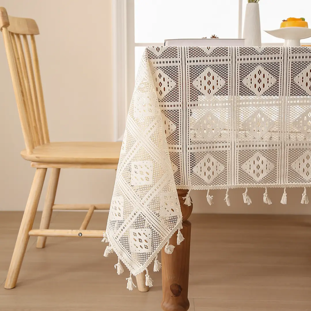 Retro Green Hollow-Out Tassel Tablecloth, Pastoral Style Lace Checkered Tablecloth, Rectangular Coffee Table Cover