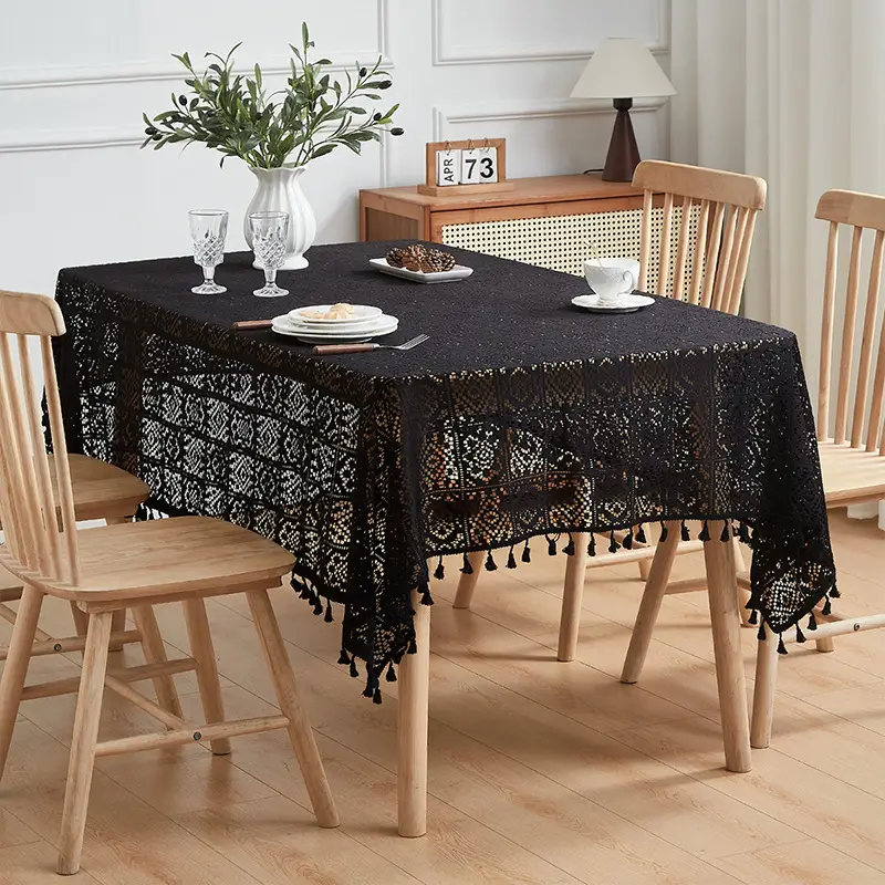 Retro Green Hollow-Out Tassel Tablecloth, Pastoral Style Lace Checkered Tablecloth, Rectangular Coffee Table Cover