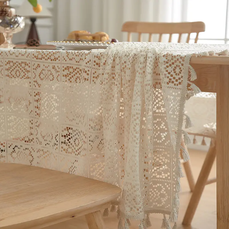 Retro Green Hollow-Out Tassel Tablecloth, Pastoral Style Lace Checkered Tablecloth, Rectangular Coffee Table Cover