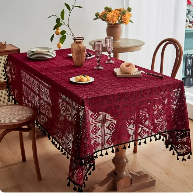 Retro Green Hollow-Out Tassel Tablecloth, Pastoral Style Lace Checkered Tablecloth, Rectangular Coffee Table Cover