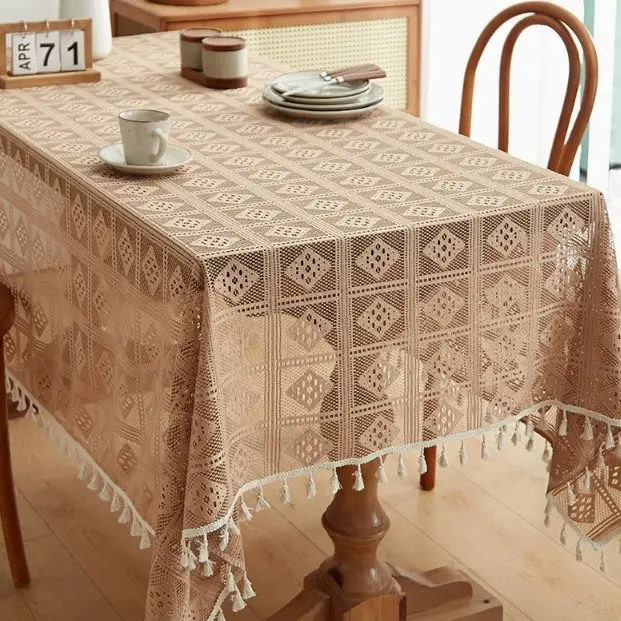 Retro Green Hollow-Out Tassel Tablecloth, Pastoral Style Lace Checkered Tablecloth, Rectangular Coffee Table Cover