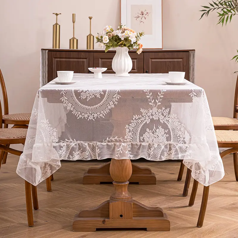 Retro Green Hollow-Out Tassel Tablecloth, Pastoral Style Lace Checkered Tablecloth, Rectangular Coffee Table Cover