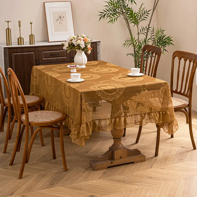 Retro Green Hollow-Out Tassel Tablecloth, Pastoral Style Lace Checkered Tablecloth, Rectangular Coffee Table Cover