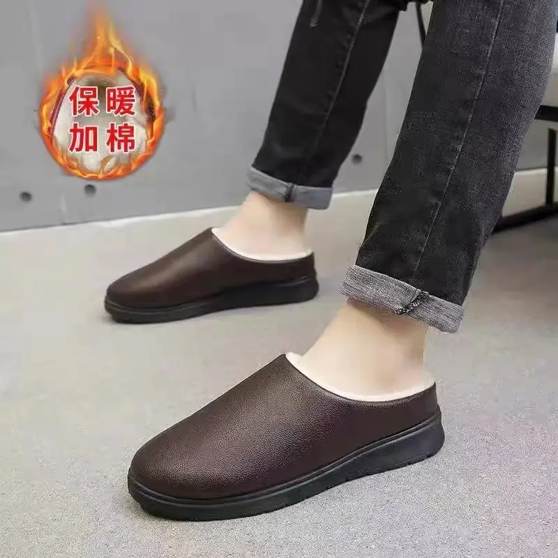 Winter New Home Men's Cotton Shoes Non-slip Soft Sole Leather Waterproof Men's Shoes Indoor Warm fleece-lined Comfortable Cotton Slippers - Image 4