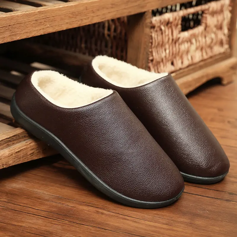 Winter New Home Men's Cotton Shoes Non-slip Soft Sole Leather Waterproof Men's Shoes Indoor Warm fleece-lined Comfortable Cotton Slippers - Image 2