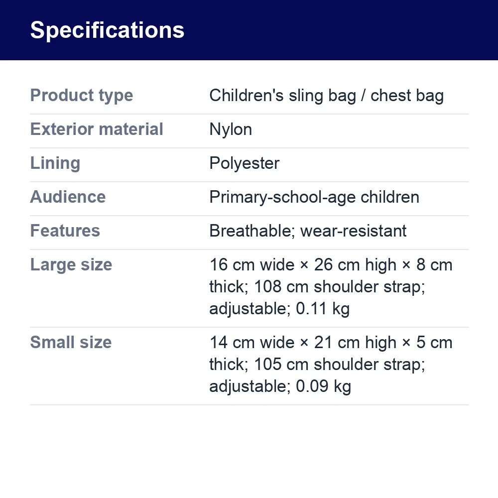Kids' Nylon Sling Backpack With Plush Character Front – specifications