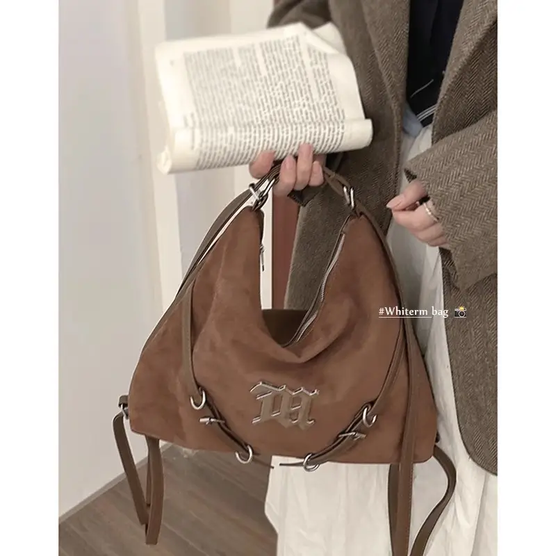 Women's Brown Leather Shoulder Tote Bag with Embroidered Logo