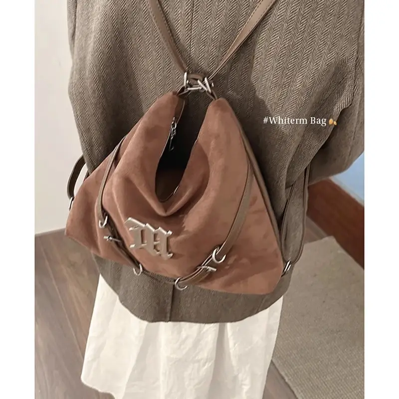 Women's Brown Leather Shoulder Tote Bag with Embroidered Logo