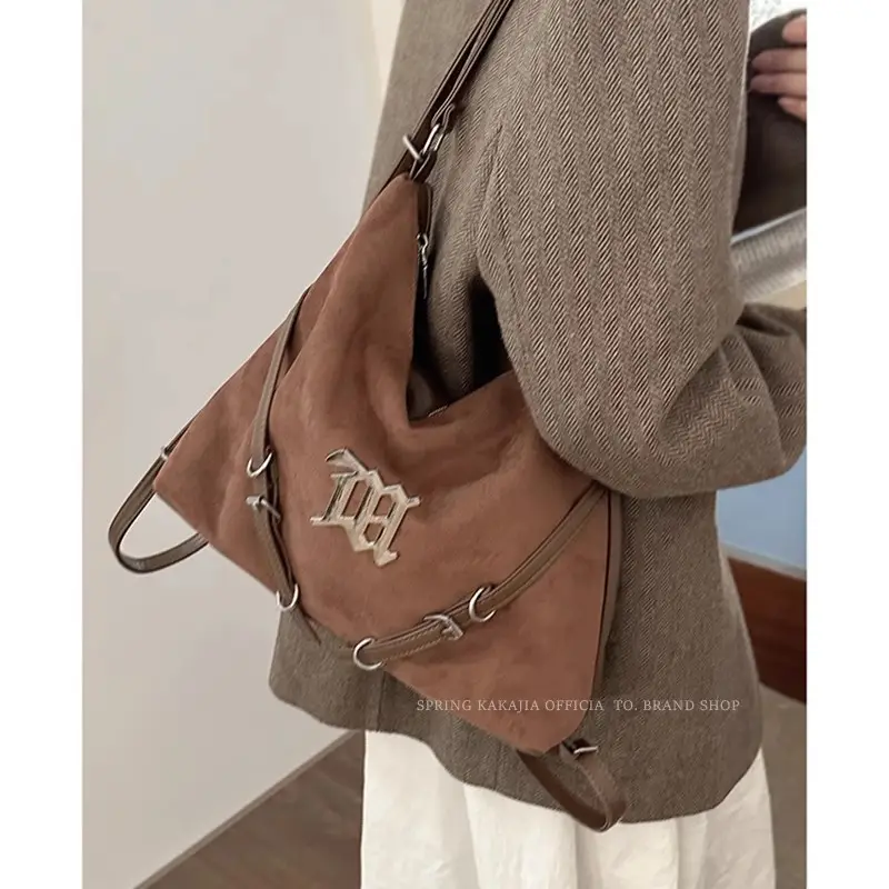 Women's Brown Leather Shoulder Tote Bag with Embroidered Logo