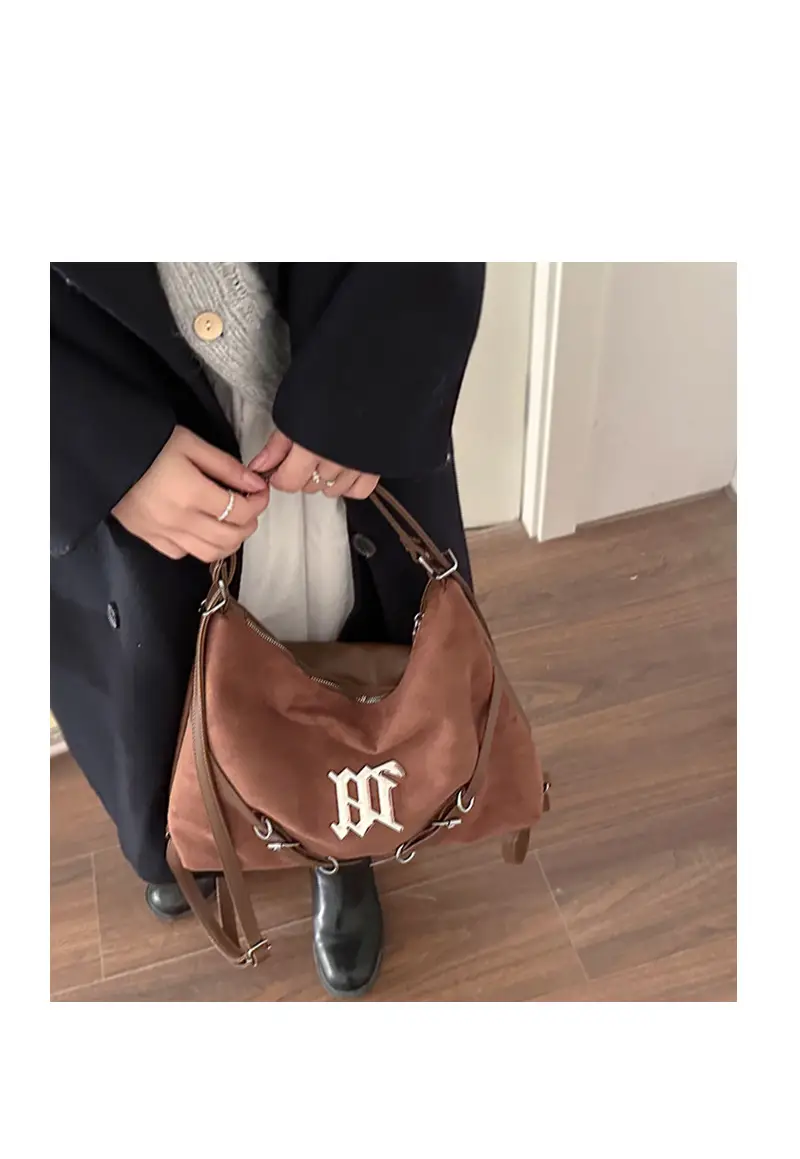 Women's Brown Leather Shoulder Tote Bag with Embroidered Logo — feature 11