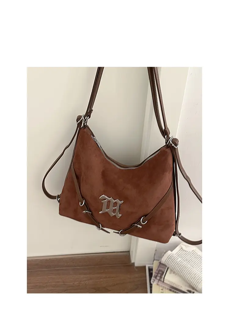 Women's Brown Leather Shoulder Tote Bag with Embroidered Logo — feature 13