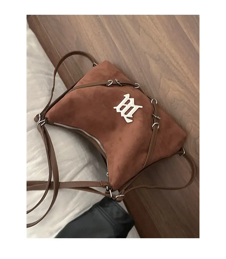 Women's Brown Leather Shoulder Tote Bag with Embroidered Logo — feature 15