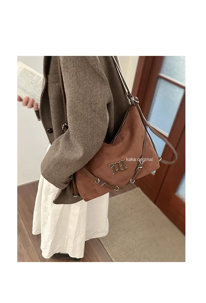 Women's Brown Leather Shoulder Tote Bag with Embroidered Logo — feature 3
